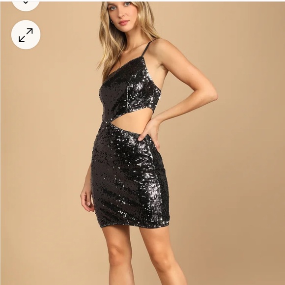 Lulus Sultry Soiree Black Sequin One-Shoulder Cutout Mini Dress Size Large - Picture 9 of 9